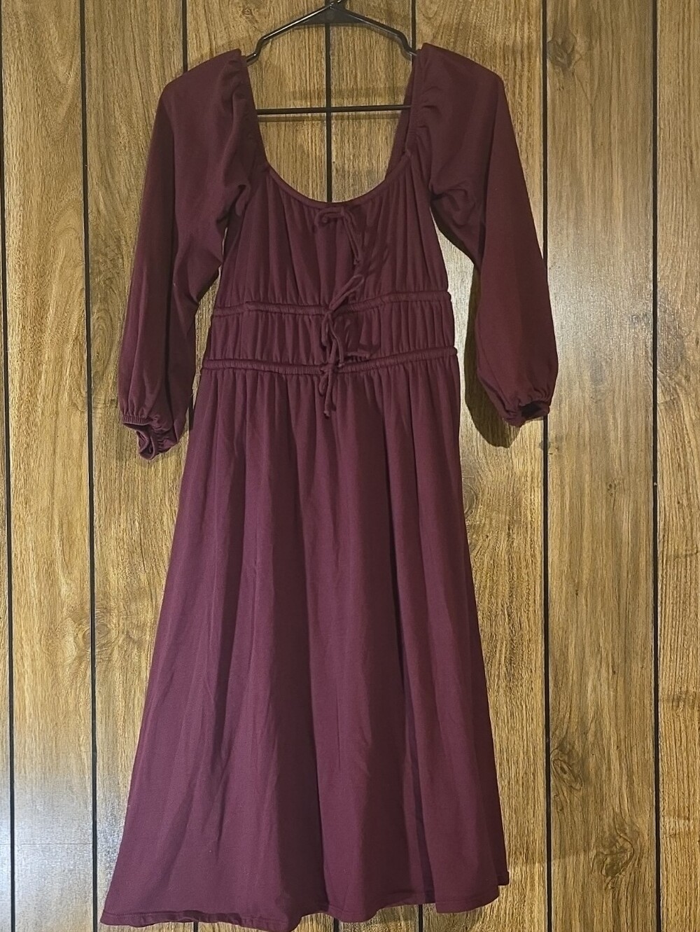 Anthropologie Burgundy Long Sleeve Midi Dress with Tie Front